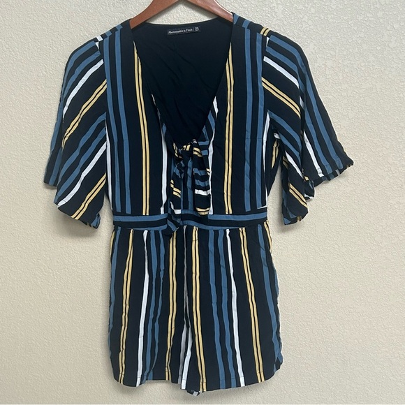 Abercrombie & Fitch Women’s XS Romper Striped Tie Front Black Blue Yellow - Picture 1 of 5